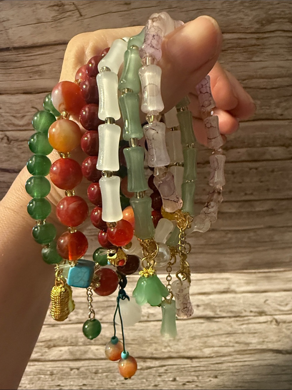 6 Handcrafted Multicolor Beaded Charm Bracelet Set - Green, Red, Orange, White